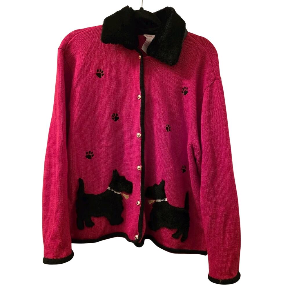 Vtg Red Scottie Dog Cardigan Sweater Removable Faux Fur Collar Crystal Kobe L